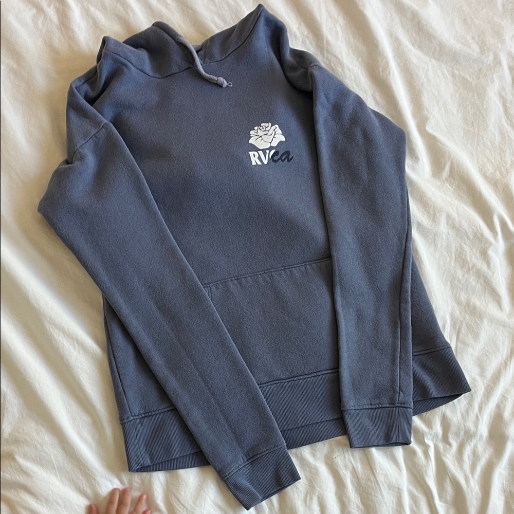 RVCA Slate Blue Hoodie with White Rose Emblem